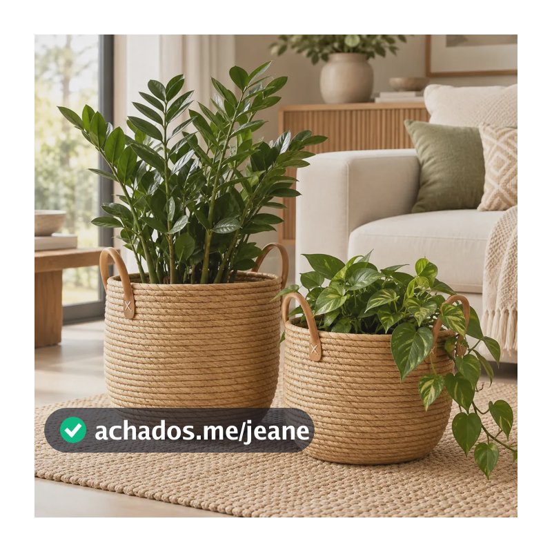 Par De Cestos Cachepot De Vaso Decoração Plantas Pendentes Palha Decora Ambientes Cesto Cachepo Com Alça Premium
