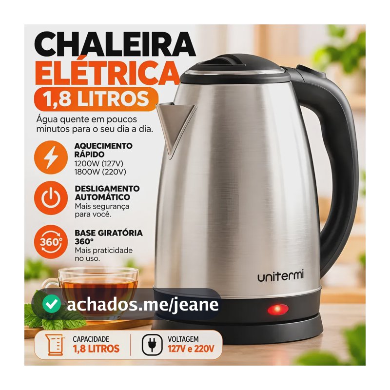 Chaleira Elétrica 1,8l Ferve Água Rápido Chá Café 127v/220v Prateado 220