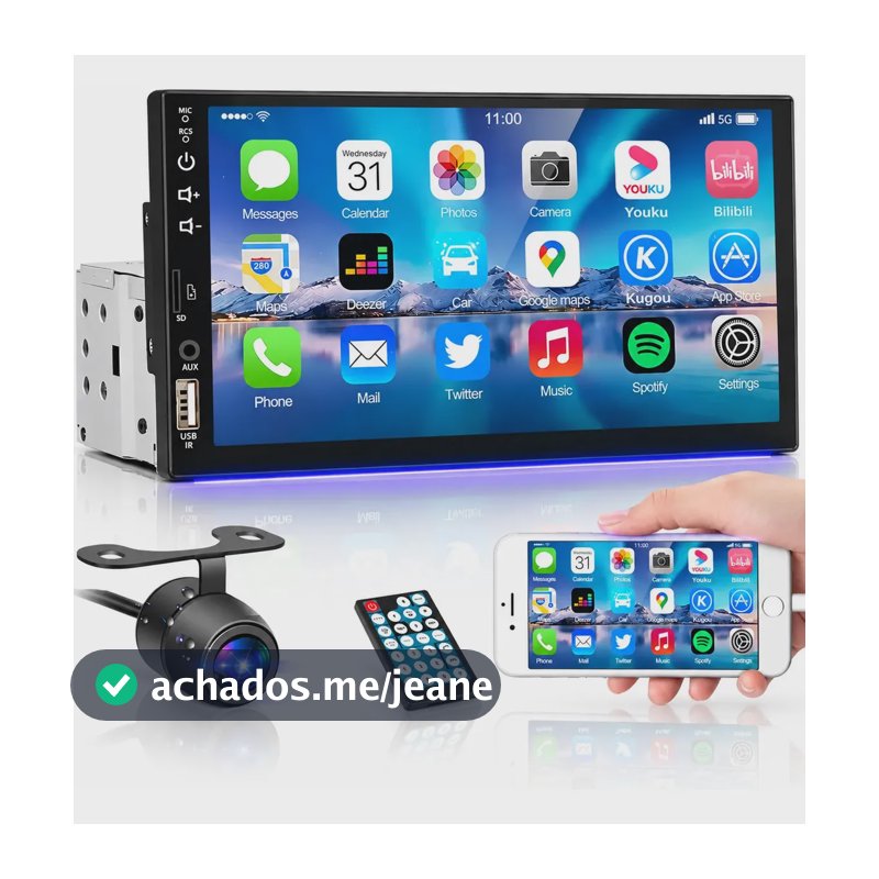 Central Multimídia Auto Mp5 Universal Tela 7' P Touch + Câmera Ré Kit Multimidia 1 Din Ali Ron