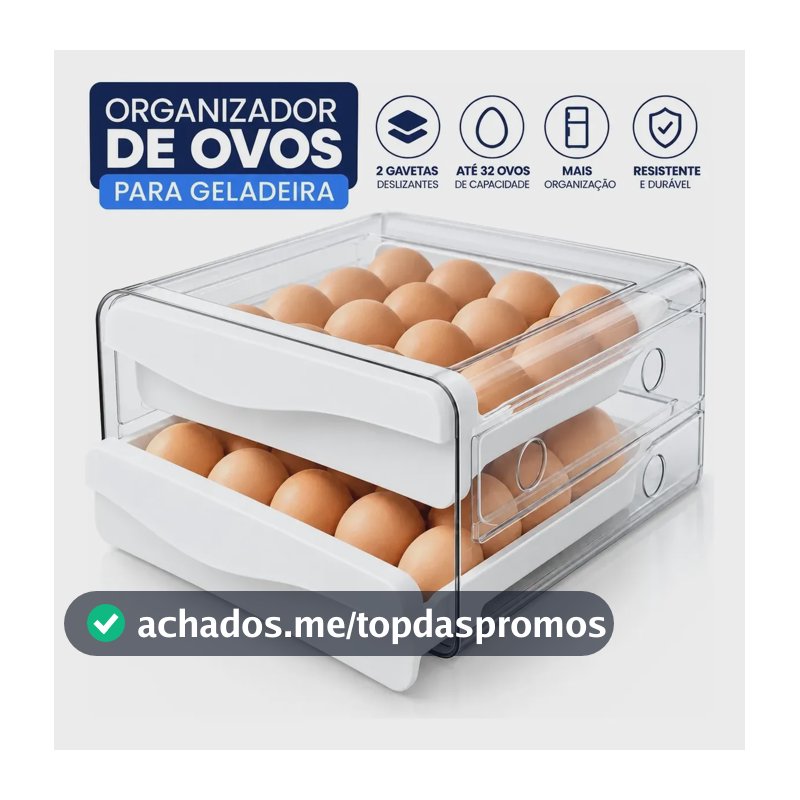 Porta Ovos Organizador Duplo 32 Unidades Com Gavetas Premium Branco