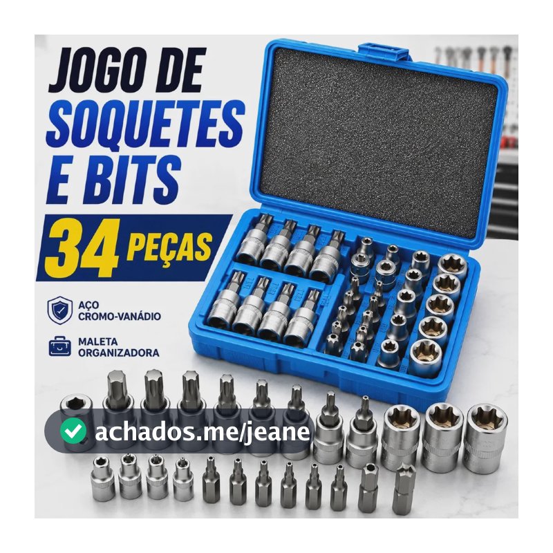 Kit Jogo De Soquetes Torx 34 Peças Macho/fêmea 1/4 E 3/8 Azul