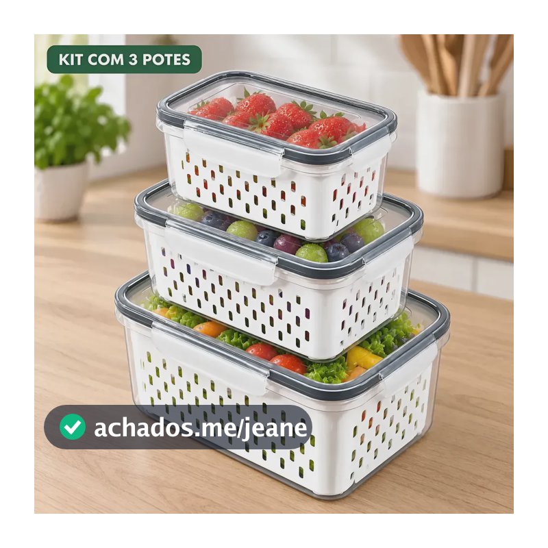 Kit 3 Potes Herméticos Organizador De Geladeira Porta Mantimentos Com Cesto Escorredor Removível Frutas Verduras Legumes Salada Empilhável Freezer Micro-ondas Lava-louças Livre BPA Transparente PALADA