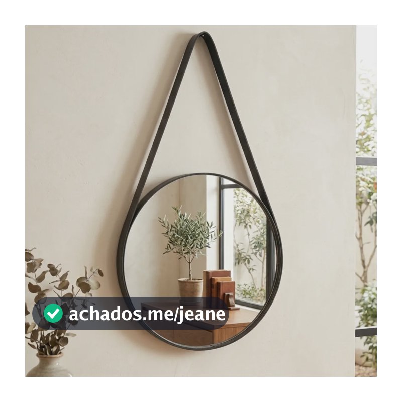 Espelho Adnet Redondo 35x35cm Moldura Couro Preto
