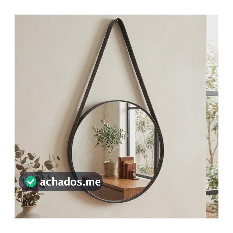 Espelho Adnet Redondo 35x35cm Moldura Couro Preto