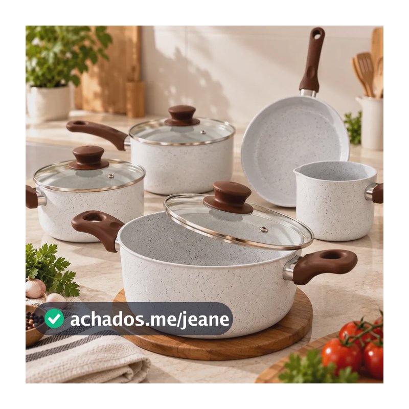 Jogo Kit 5 Panelas Cerâmicas Antiaderentes Indução Fundo Triplo PFOA Tampa de Vidro Cooktop Gás Elétrico Frigideira Caçarola Fervedor Branco