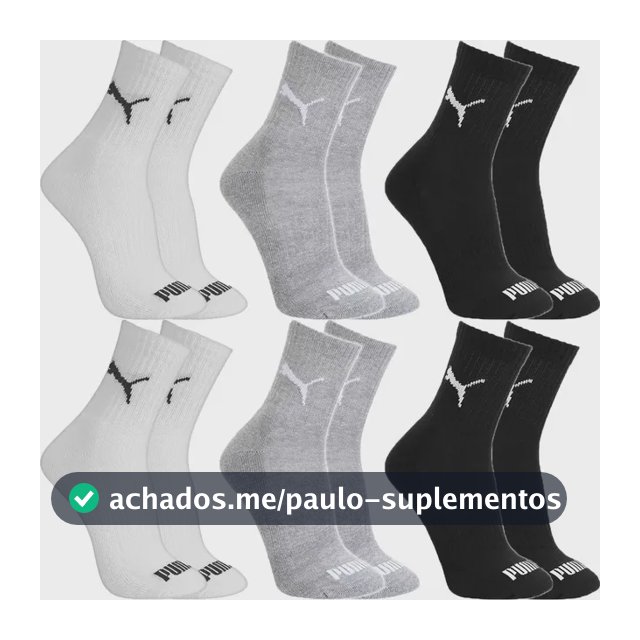 Kit 6 Pares Meias Puma Algodão Cano Médio Alto Atoalhado