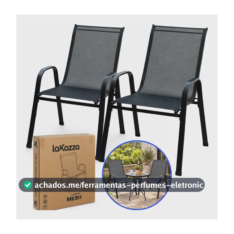 Kit 2 Cadeira Área Externa Varanda Aço Resistente Sol Chuva Preto Tela Mesh Sling