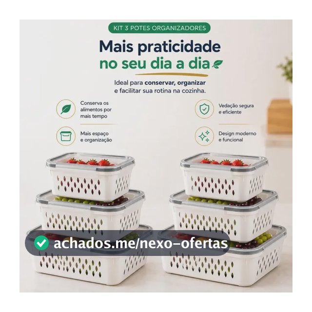 Conjunto Kit 6 Organizadores Geladeira Transparente Hermético Escorredor Cesto Frutas Alimentos Verduras Legumes Dasv