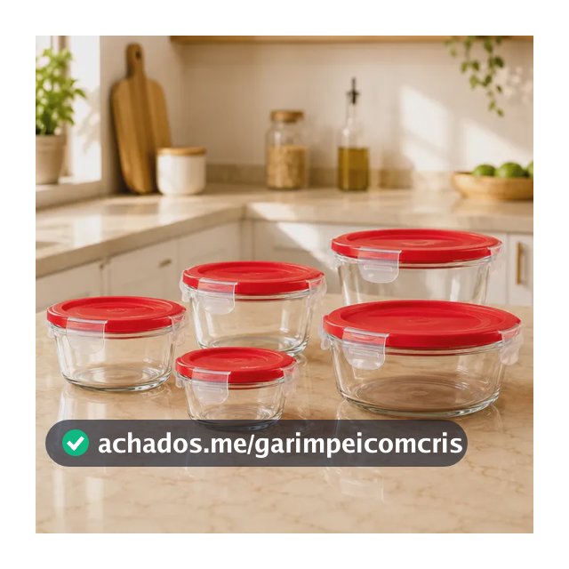 Kit 5 Potes Vidro Hermético Marmita Com Tampa Freezer Forno Vermelho