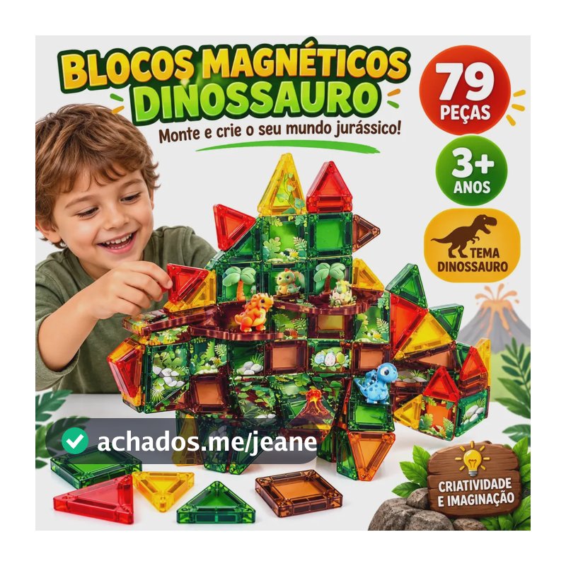 Blocos de Montar Magnéticos Dinossauro 79 Peças Presente Infantil Brinquedo Super Brasileirinho
