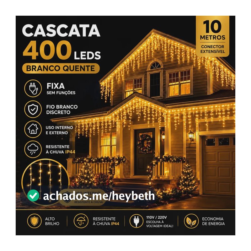 Cascata Natal Luz Fixa 400 Leds 10 Metros Branco Quente Extensível Macho Fêmea A Prova D'agua área interna e externa LARUNO