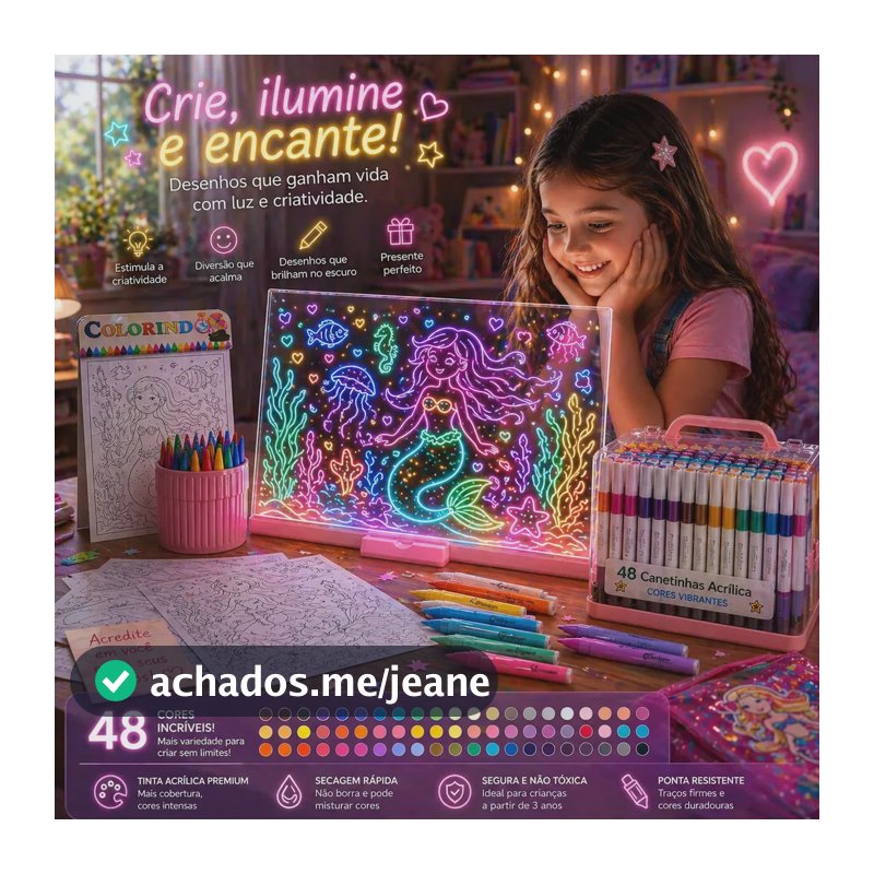 Lousa Mágica Led Infantil Kit Canetinhas Acrílicas +desenhos Estojo 48 Canetinhas Acrílicas E Desenhos