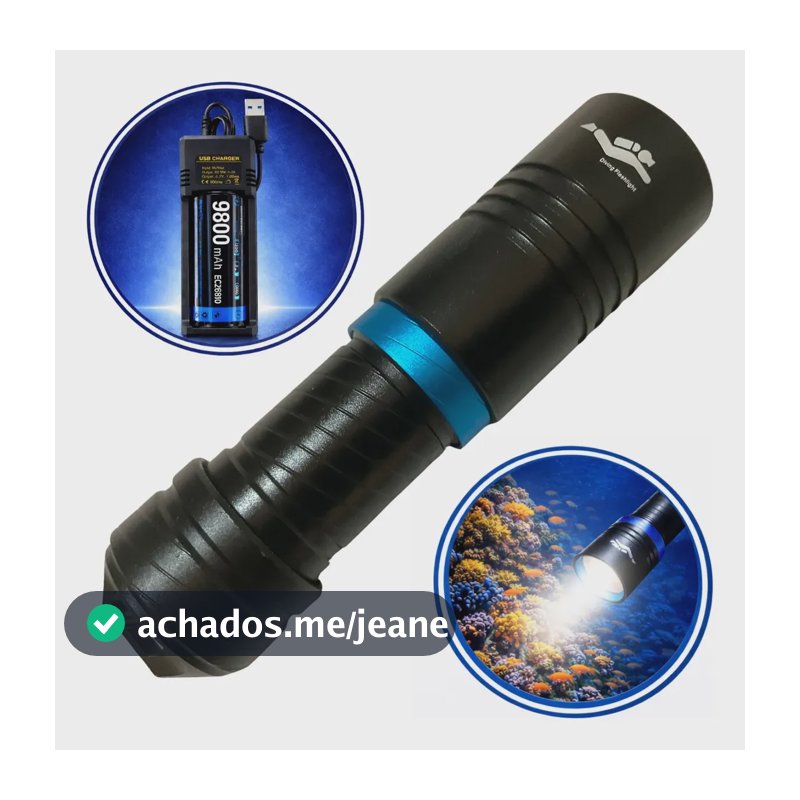 Lanterna Mergulho A Prova De Água Recarregável Led T6 Cree Luz Branca Potente E Forte Ideal Para Rio Lagoa Pesca Mar Oceano Piscina Camping Campo Sitio Fazenda Rural Mata Preto