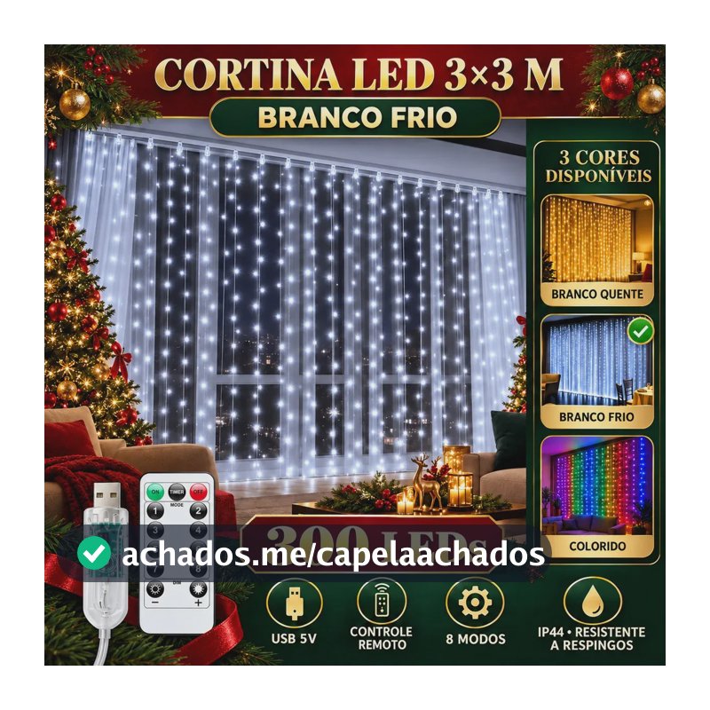 Pisca Cortina 300 Leds 3x3m Usb Ip44 8 Modos Iluminação Luzes Fada Decoração De Natal Festa Branco Frio Luvinco