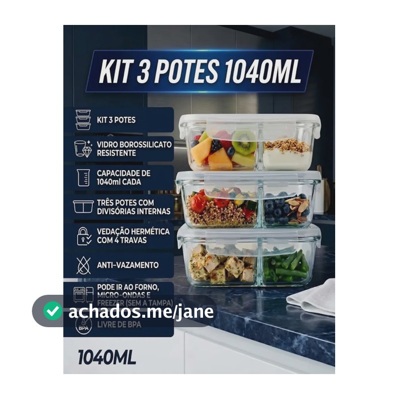 Kit 3 Potes de Vidro 1040ml com Divisória e Tampa Hermética Borossilicato Pítia
