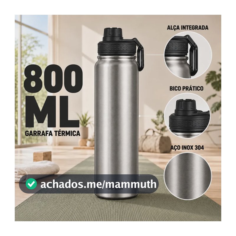 Garrafa Térmica 800ml Isolada A Vácuo Aço Inox Água Gelada Esporte Academia com Alça Prata Sólar