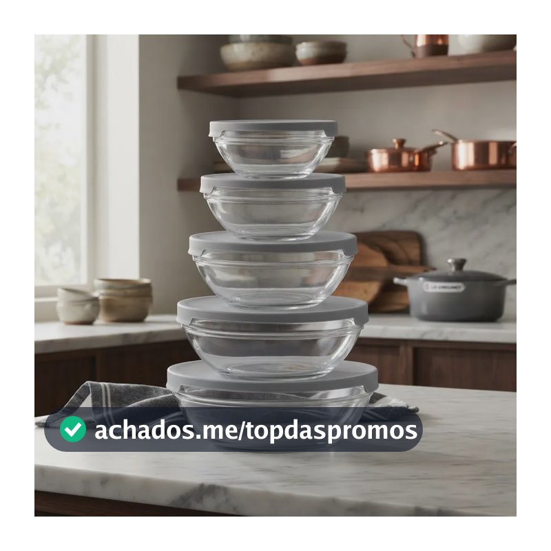 Kit 5 Potes De Vidro Redondos Com Tampa 140ml A 870ml Cinza