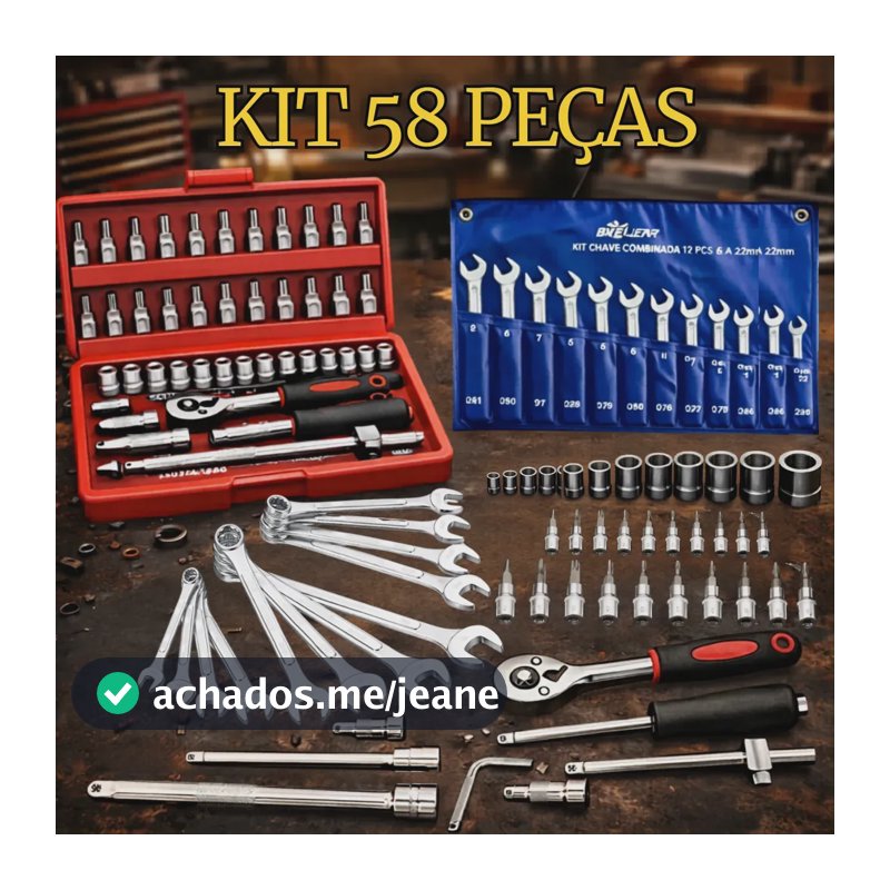 Kit Jogo De Ferramentas 58 Peças Completo Profissional Soquete 46 Peças + Chave Combinada 12 Peças Conserto Carro Moto Casa Oficina Kit Soquetes Com Catraca 46 Peças + Jogo 12 Chaves + Maleta Hexon
