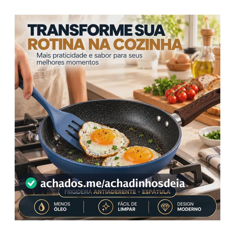 Frigideira Antiaderente 24cm Preta Granito com Espátula azul Cabo Amadeirado para Indução Gás Elétrico e Vitrocerâmico