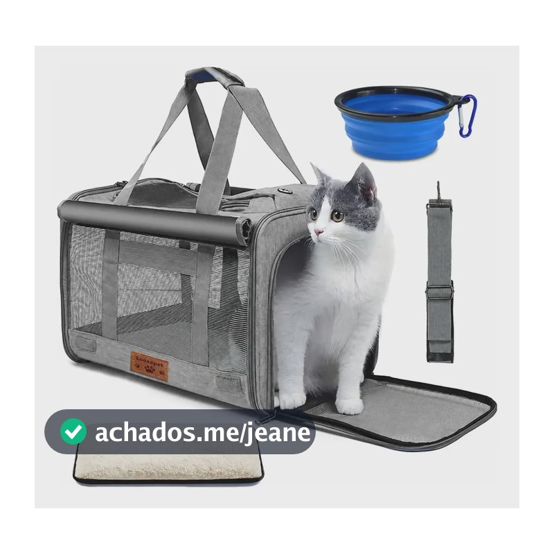 Bolsa Transporte Pet Cães Gatos Viagem Avião com Almofada 46×30×30cm Cinza