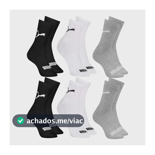 6 Pares Meias Puma Cano Médio Alto Atoalhada Academia Sport