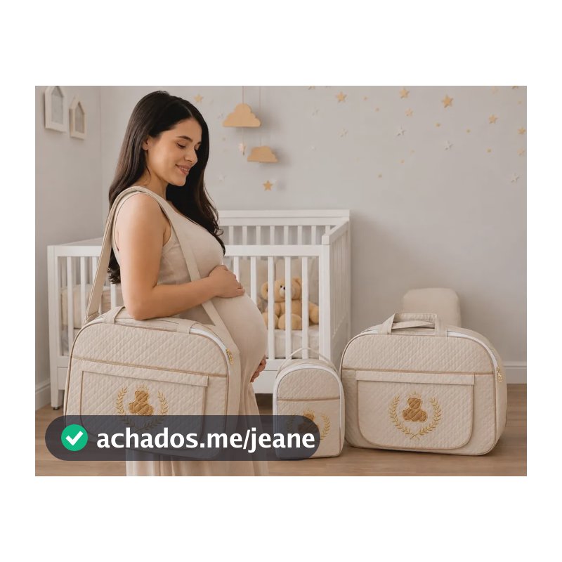 Kit Bolsa Maternidade 3 Peças Ursinho Bordado Luxo Creme
