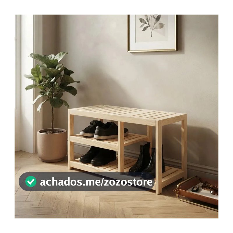 Sapateira com Banco Madeira Natural em Tom Bege Real Seda