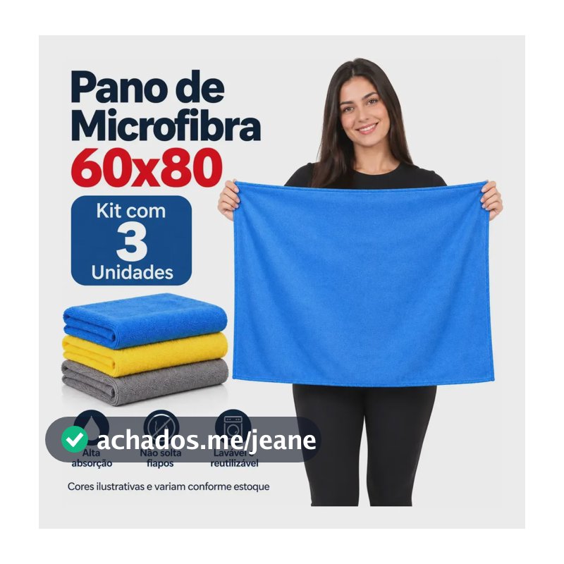 Kit C/ 3 Panos De Microfibra 60x80 Multiuso Alta Absorção Cores Sortidas