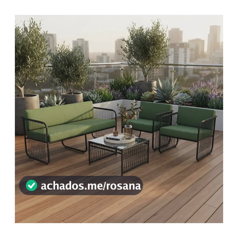 Conjunto de Sofá Poltrona 4 Peças Em Aço Carbono E Fibra Sintética Córdova Verde Área Gourmet Sala de Estar Recepção Deck