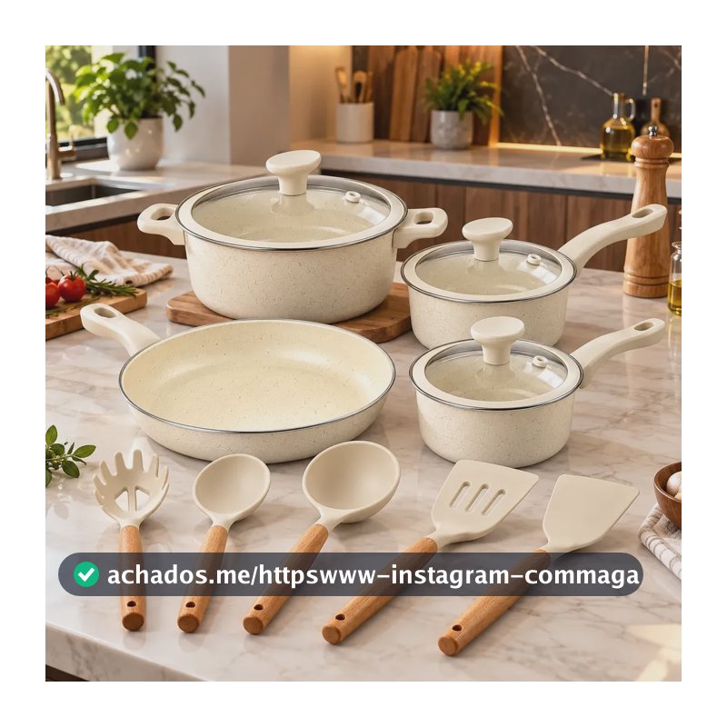 Jogo De Panelas Genebra Cerâmica 12 Pçs Antiaderente Indução Creme