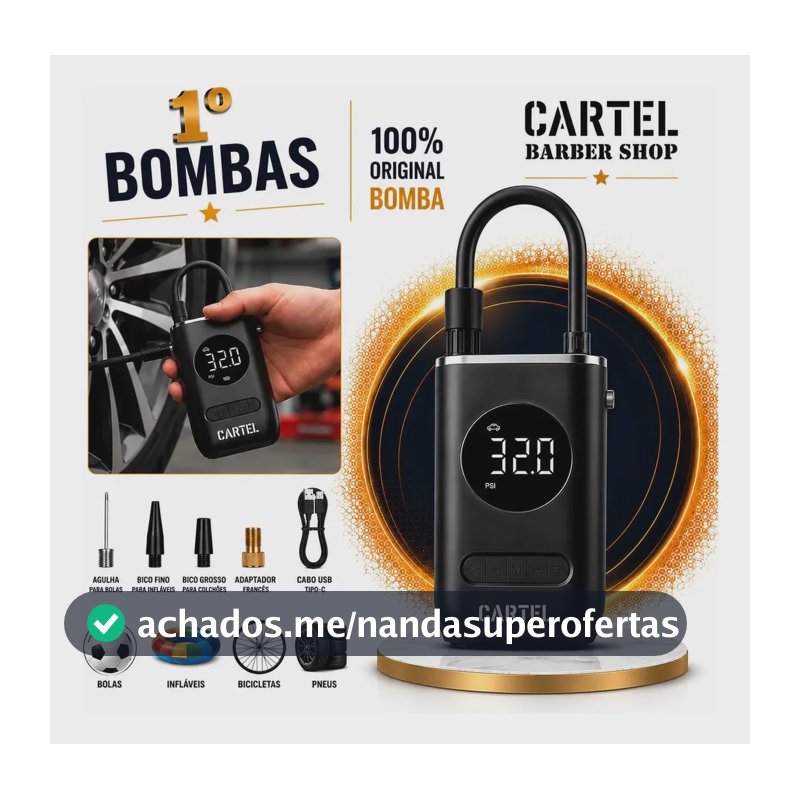 Mini Compressor Digital Portátil Cartel Barber Shop para Carro Moto e Bicicleta com Calibrador Digital Inflador Elétrico de Pneus 12V Display LCD Lanterna LED Compacto e Recarregável Preto
