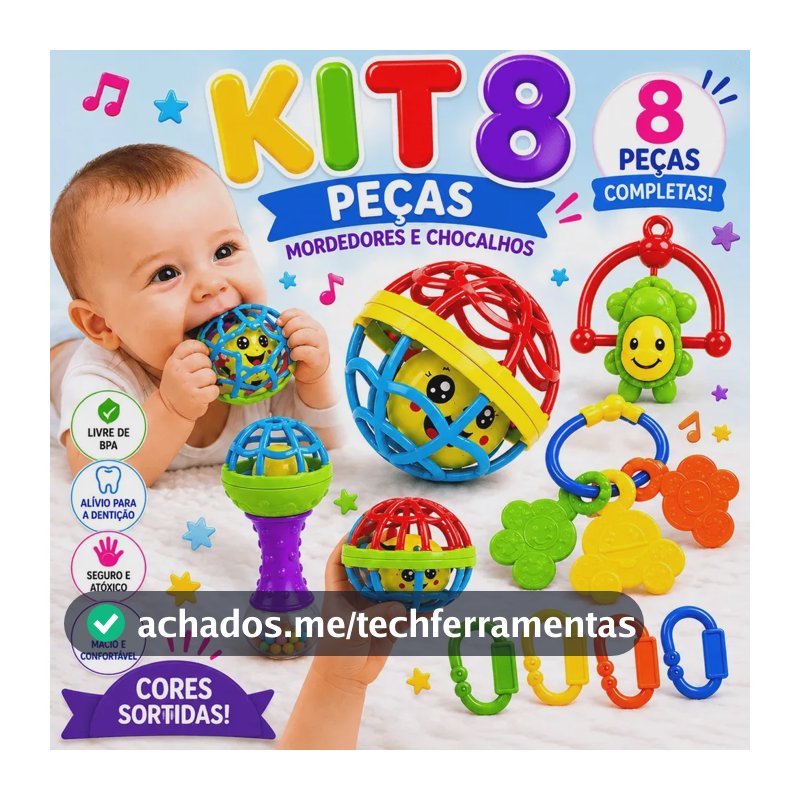 Kit Mordedor para Bebê brinquedo Sensorial Silicone com Chocalho 8 Peças Coloridas