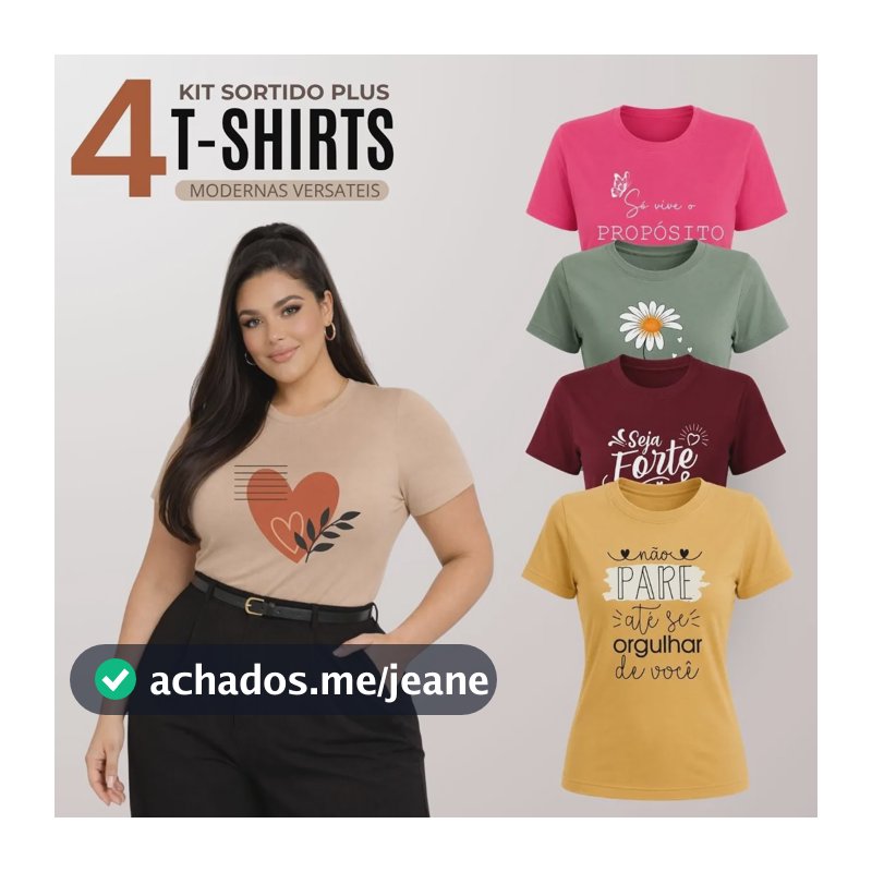 Kit 4 Blusa Feminina Plus Size Manga Curta Gola Redonda Sortidos G1