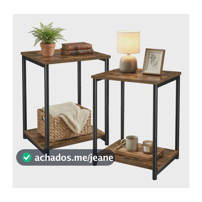 Conjunto 2 Mesas De Apoio, Mesas De Cabeceira Com 2 Níveis, Cor Marrom
