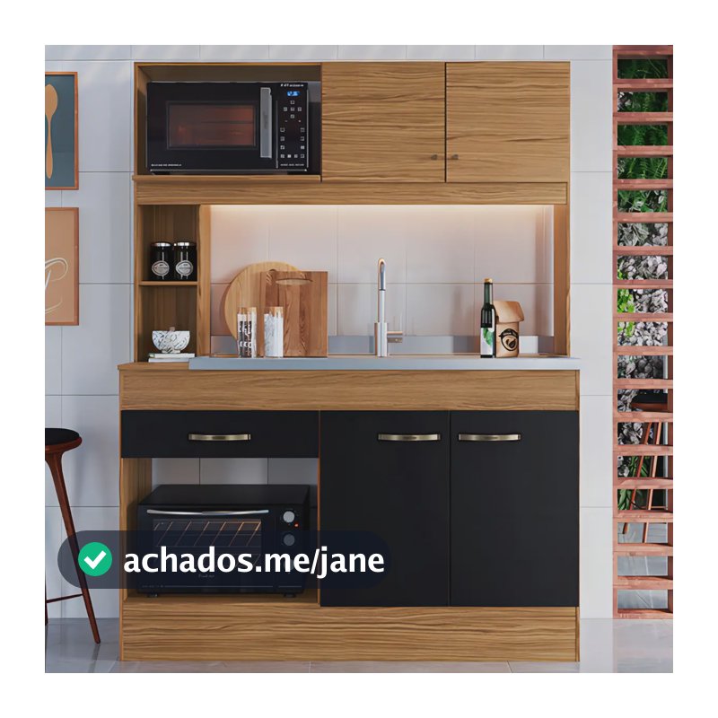 Armário de Cozinha Compacta Decibal Zeta com 4 Portas e 1 Gaveta Naturalle/Preto Fosco