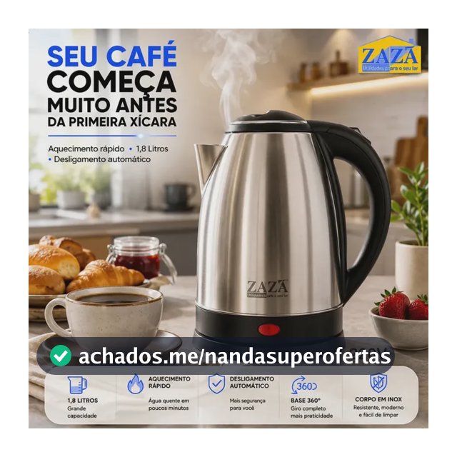 Chaleira Jarra Elétrica 1,8L Litros Em Inox Desligamento Automático Aquecimento Rápido Segura Café Chá Fácil Abertura Tampa Alça Ergométrica