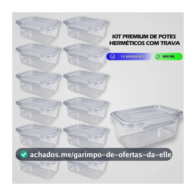 Kit 12 Marmitas 800ml Potes Trava lateral freezer microondas transparente