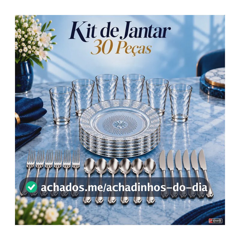 Jogo de Jantar Sforte 30 Peças com Pratos e Copos de Vidro e Talheres de Inox