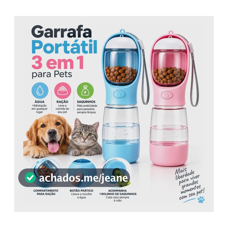 Garrafa Portátil Pet 3 Em 1 Bebedouro Comedouro Saquinhos Na Rosa