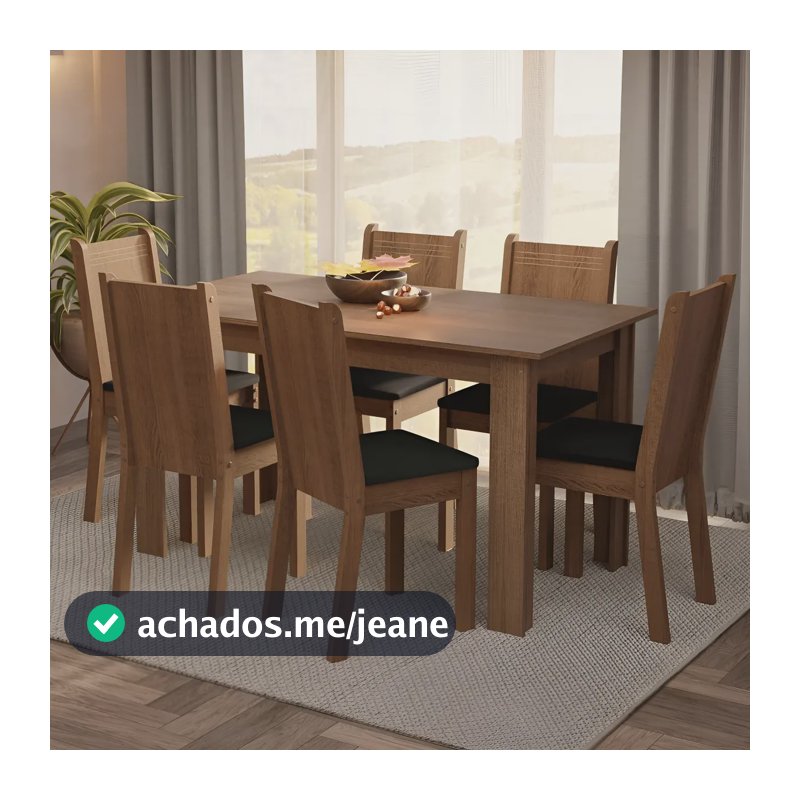 Sala De Jantar Mesa Tampo Madeira 6 Cadeiras Analu Madesa Rp Cor Rustic/Sintético Preto