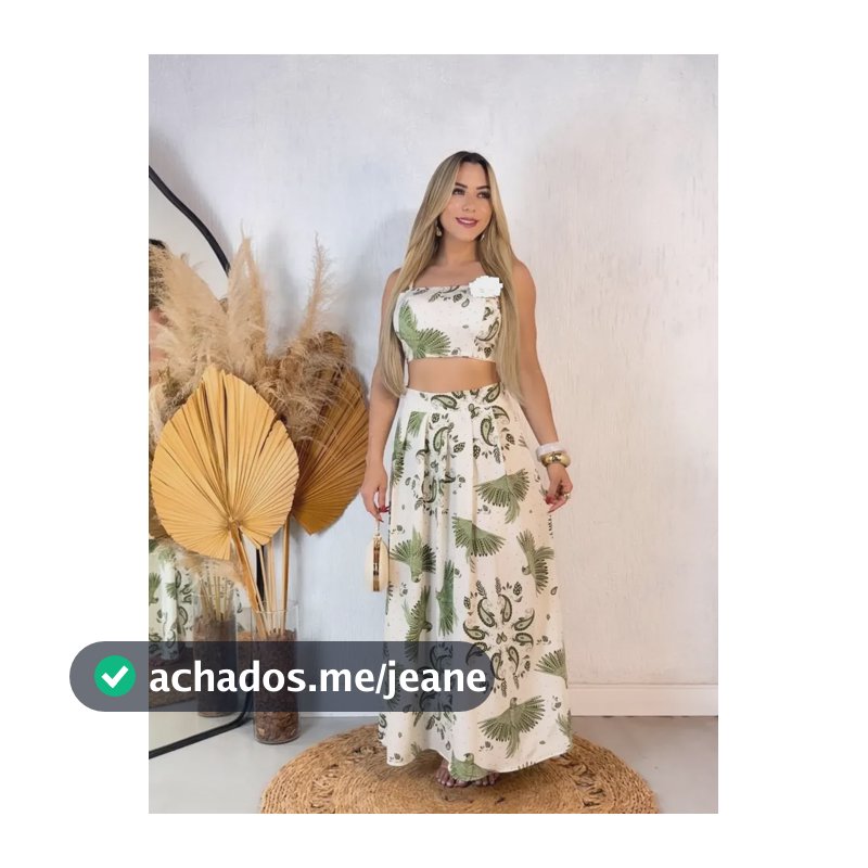 Conjunto Feminino Cropped C Alça E Saia Longa Florido Casual Verde Único