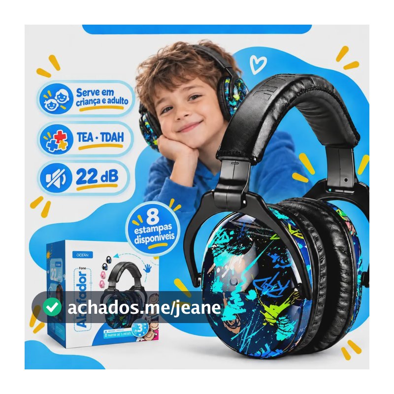 Protetor Auricular Abafador de Ruído Autismo TEA TDAH Infantil e Adulto Concha Ajustável 22 dB Dobrável Nautilus Ocean Azul Grafite