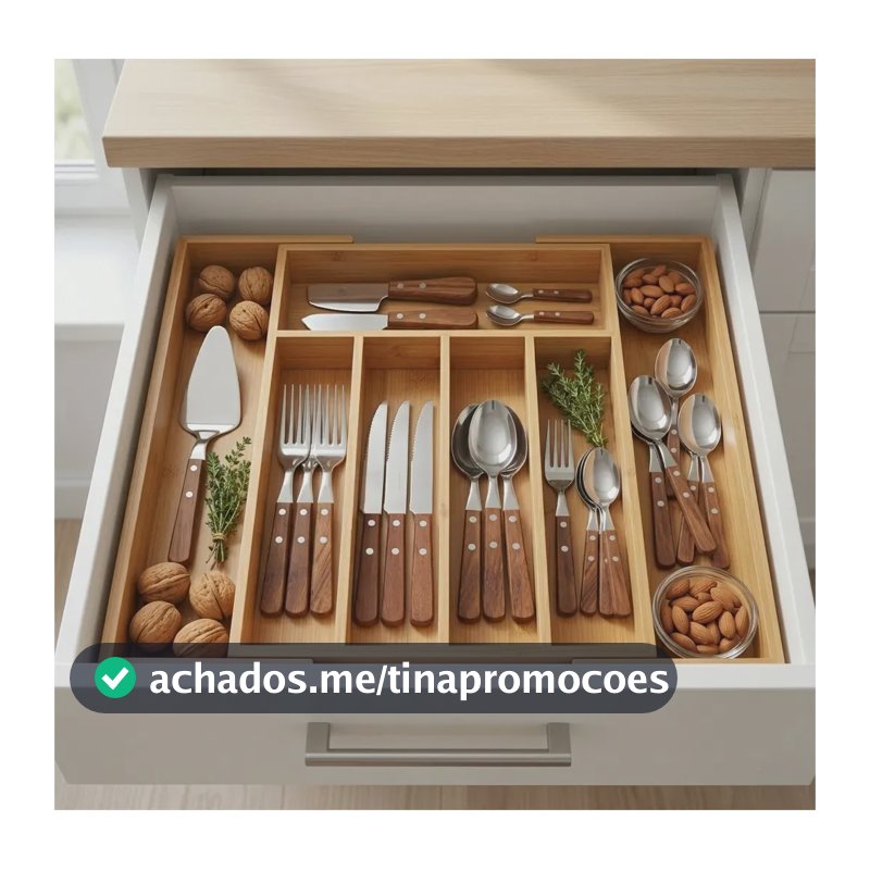 Organizador De Talheres Bambu 5 Divisórias Extensível