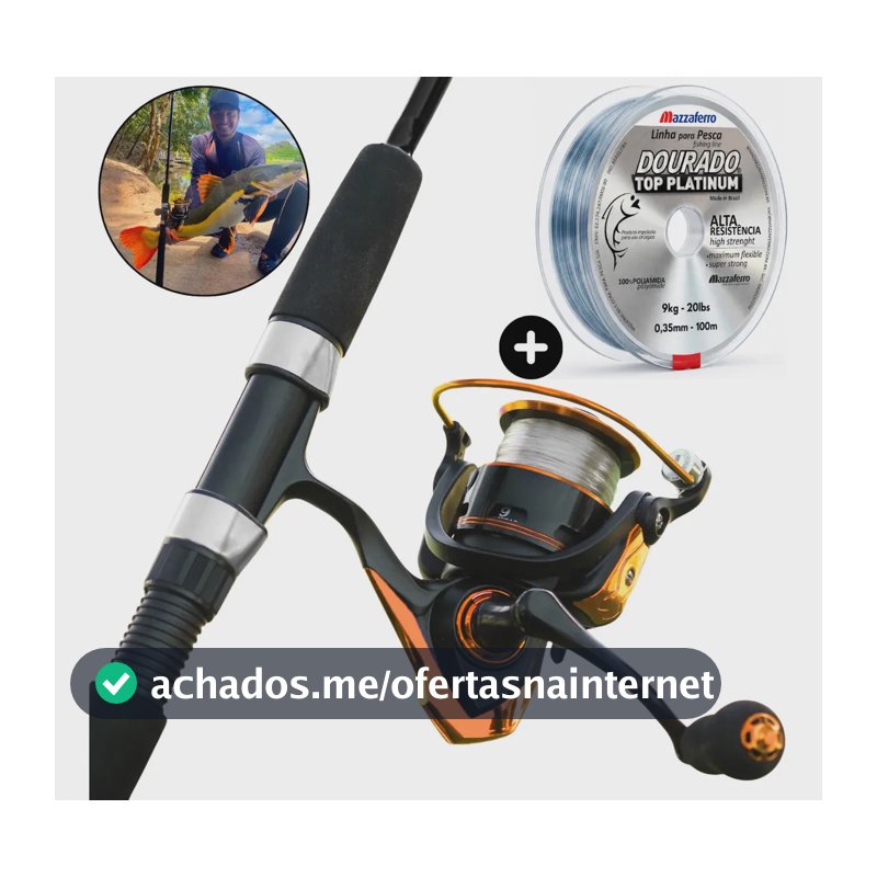 Kit Pesca Molinete 4000 Drag 8kg + Vara 2p Para Molinete 1.65m Fibra De Vidro Maciça + Linha Cor Dourado