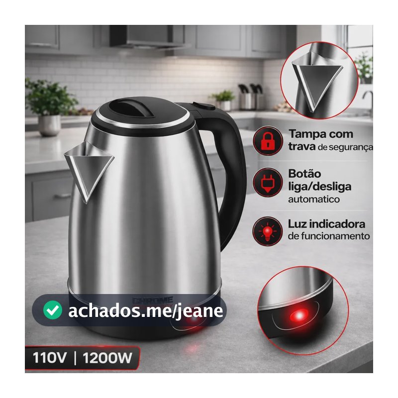 Chaleira Elétrica Chrome Technology Atacama de 1.8 Litros, em Inox e
