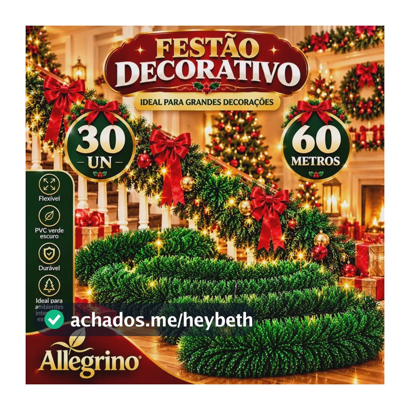Kit 30 Festao Natalino Verde Allegrino 2 Metros Cada 60 Metros Total Para Decoracao Arvore Natal Escada
