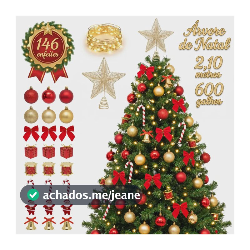 Árvore de Natal 2,10m Decorada 146 Enfeites Com Pisca 600 Galhos Verde Base Metal Pinheiro Canadense Inpari Imports