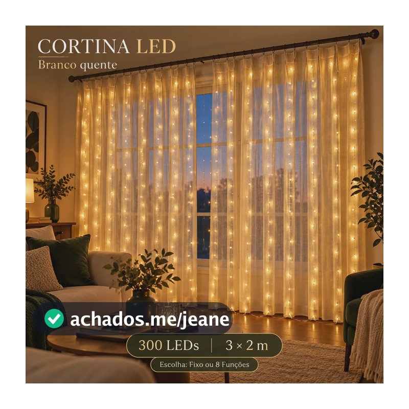Cortina 300 Led Branco Quente Fixa Pisca 3x2 A Prova D'água 127v Fixo