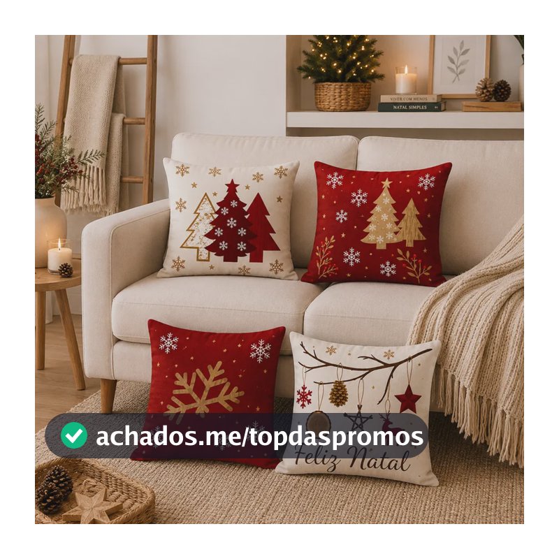 Kit 4 Capas Almofadas De Natal 45x45 - Tecido De Qualidade Vermelho Feliz Natal