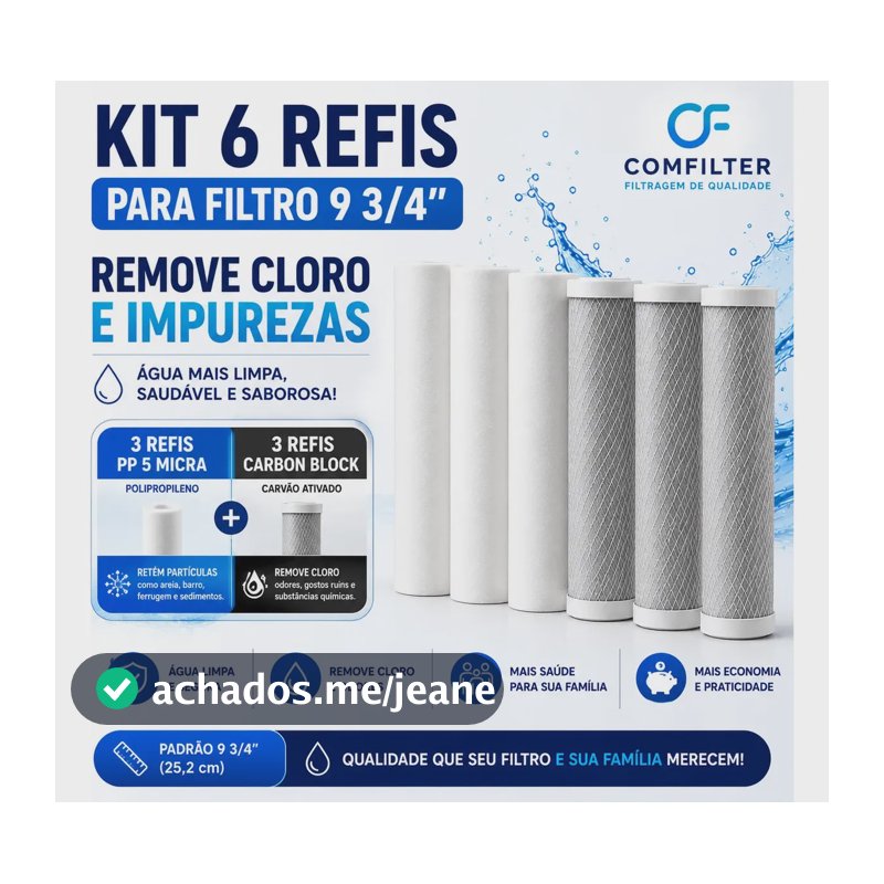 Kit Refil Filtro 9 3/4 3 Carbon Block + 3 Polipropileno Liso 5 Micra